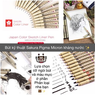SAKURA - Bút kỹ thuật Pigma Micron kháng nước - tuỳ chọn nhiều size nhiều màu 🐻💕 làm đồ án, vẽ trang trí, ký hoạ,..
