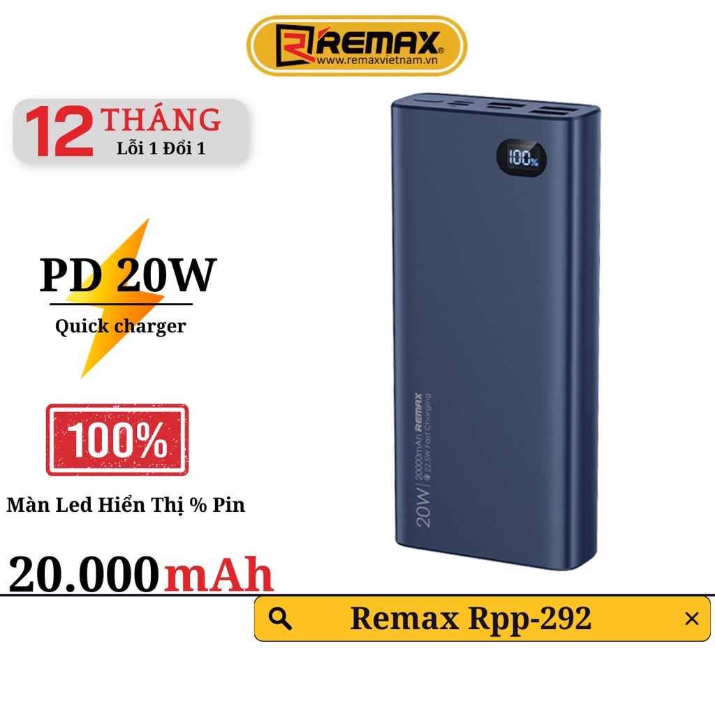 Pin Sạc Dự Phòng 20000mAh 22.5W Remax Việt Nam RPP-292 Hỗ Trợ Sạc Nhanh ...