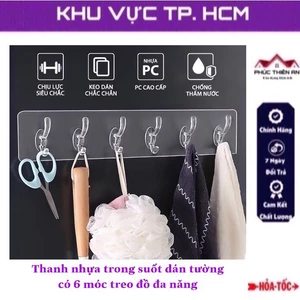 Thanh nhựa dán tường trong suốt có 6 móc treo đồ đa năng, siêu dính