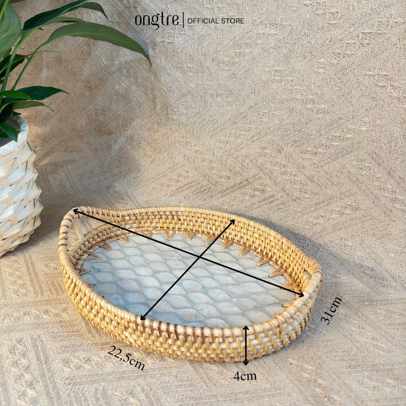 Khay Mây Khảm Trai Bầu Dục ONGTRE - Khay Đựng Đồ Đa Năng, Khay Decor Cao Cấp, Khay Phục Vụ Nhà Hàng, Khách Sạn