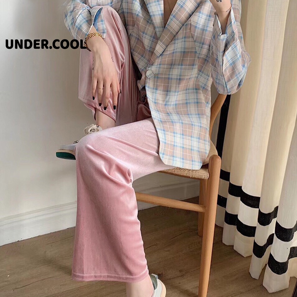 Quần ống rộng nỉ nhung trơn UNDERCOOL kiểu quần dài ống suông cạp chun lưng cao có dây rút chỉnh eo QD15