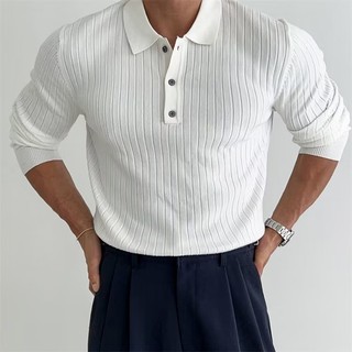 Anh Phong Cách Retro Hố Sọc Ve Áo Len Nam Thu Đông Hàn Quốc Ruya Thanh Niên Slim-fit Dài Tay Áo Polo Nhẹ Phong Cách Trưởng Thành Áo Sơ Mi Polo