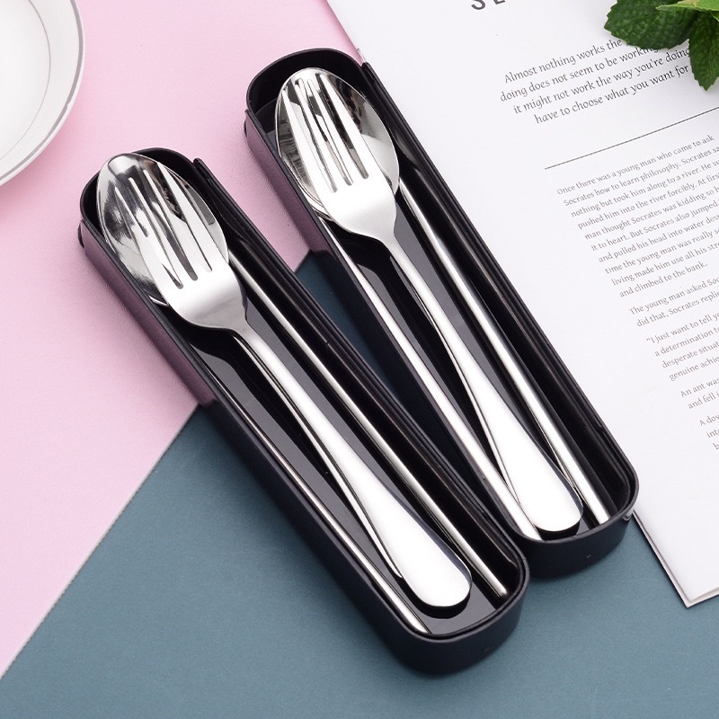 Bộ Muỗng Đũa Nĩa 3 món có hộp Thìa Inox 304 Cho Văn Phòng, Sinh Viên, Đi chơi Dã Ngoại - B223