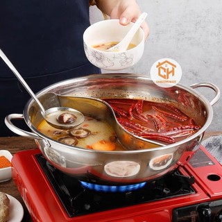 Nồi Lẩu Chia 2 Ngăn Có Nắp Kính Nấu Được Bếp Từ Và Bếp Gas Tiện Lợi, Nồi Lẩu 2 Ngăn Uyên Ương Cam Homeware