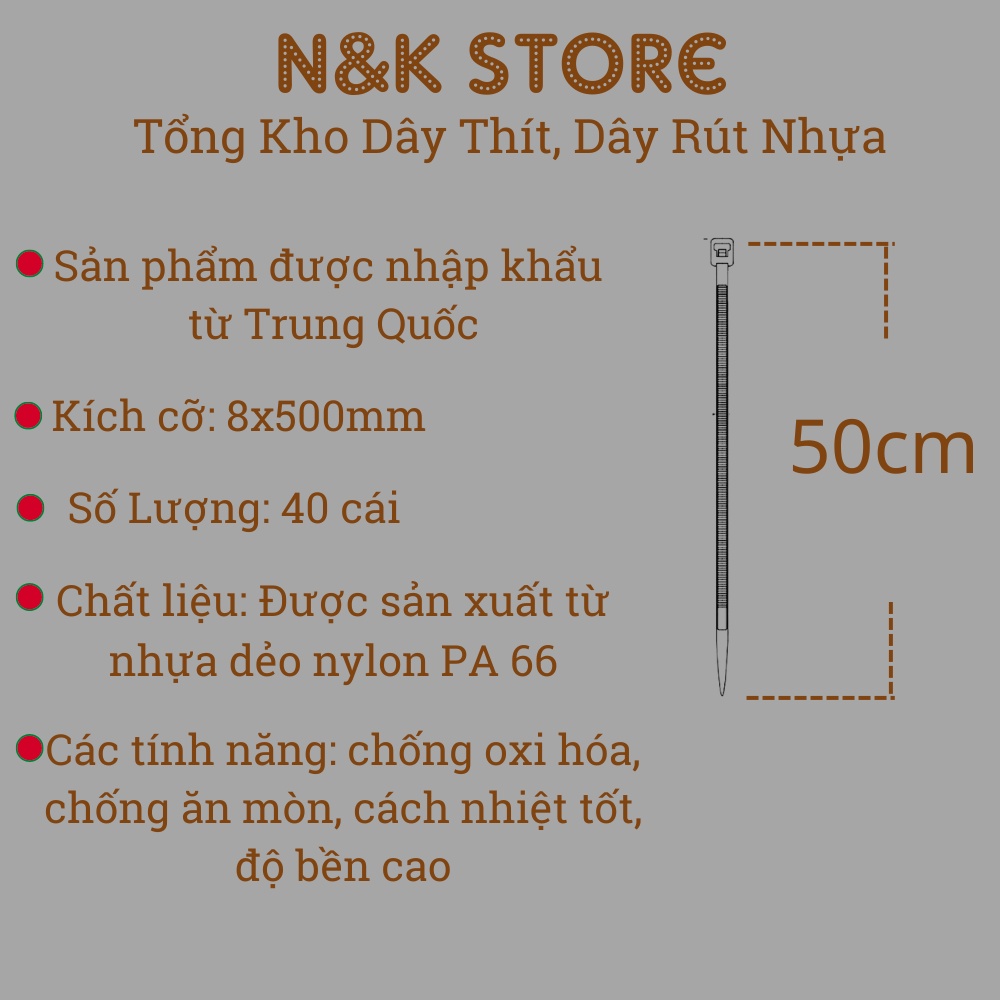 Túi 40c dây rút 8x500mm, dây thít dài 50cm, lạt nhựa buộc bền chặt, dẻo dai