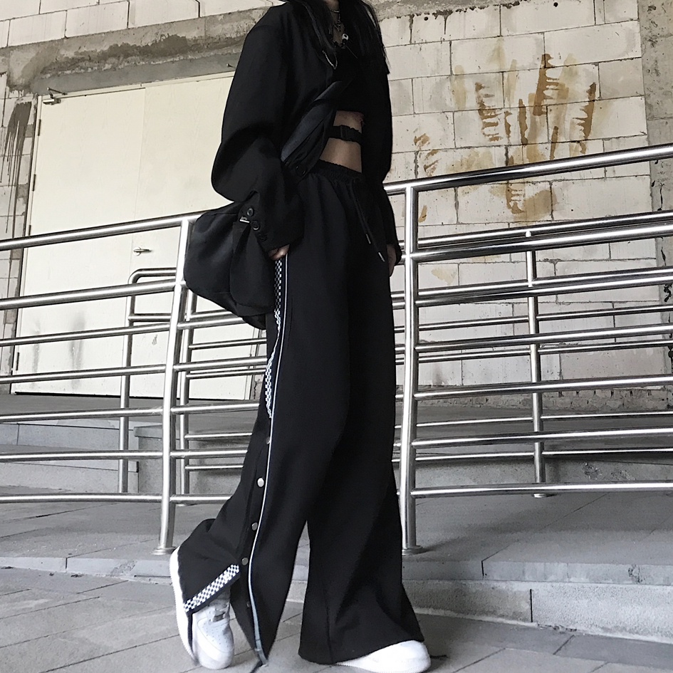 Quần Ống Rộng Unisex Phối Viền Caro Kẻ Sọc Đóng Cúc Xẻ Tà Chất Umi Dày Dặn Phong Cách Hàn Quốc Q031