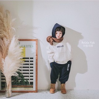 Bộ nỉ bông bé trai bé gái Batala kids, set nỉ hoodie trẻ em siêu ấm phong cách Hàn Quốc in chữ HELLO cho bé từ 10-22kg