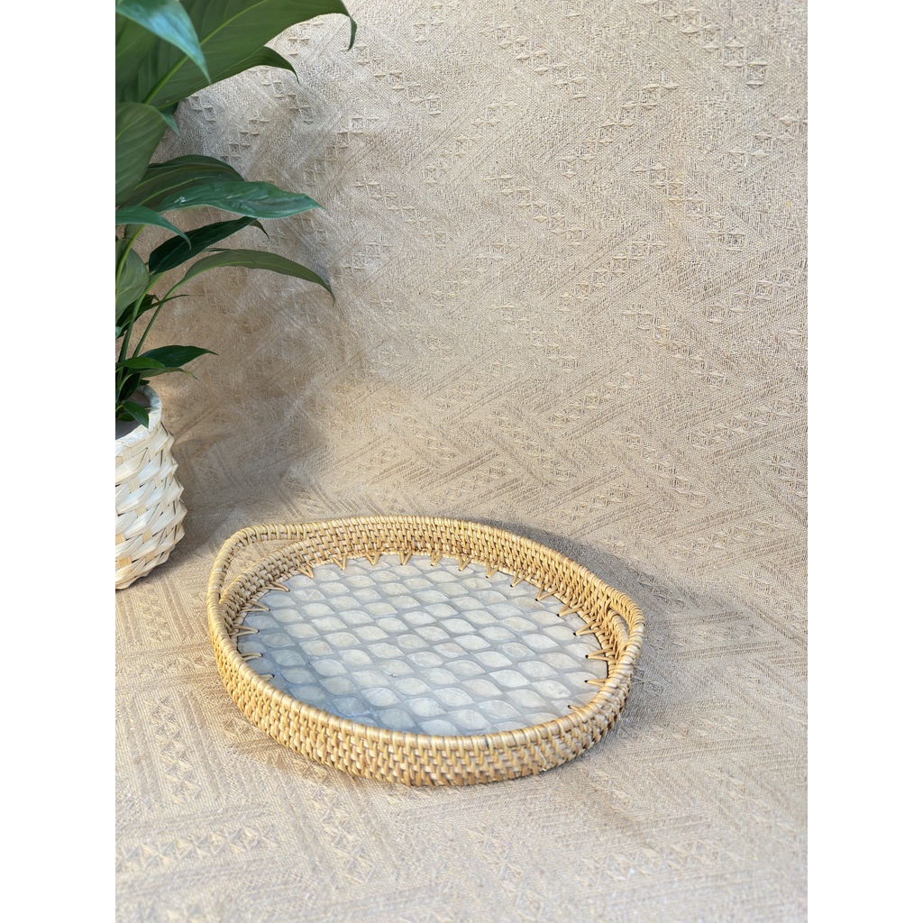 Khay Mây Khảm Trai Bầu Dục ONGTRE - Khay Đựng Đồ Đa Năng, Khay Decor Cao Cấp, Khay Phục Vụ Nhà Hàng, Khách Sạn