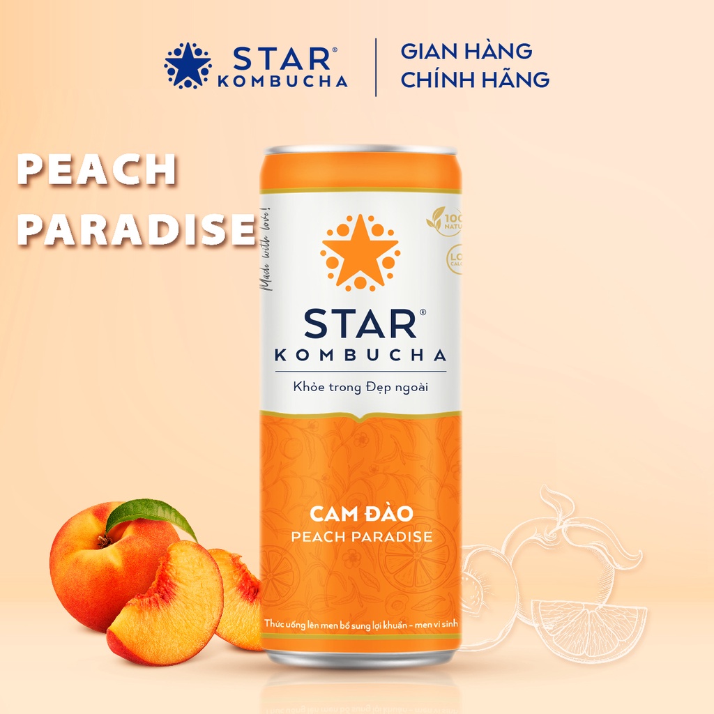 Ảnh Thùng 12 lon STAR KOMBUCHA Cam Đào / Peach (250ml/lon)- Trà lên men vi sinh hỗ trợ tiêu hóa 2
