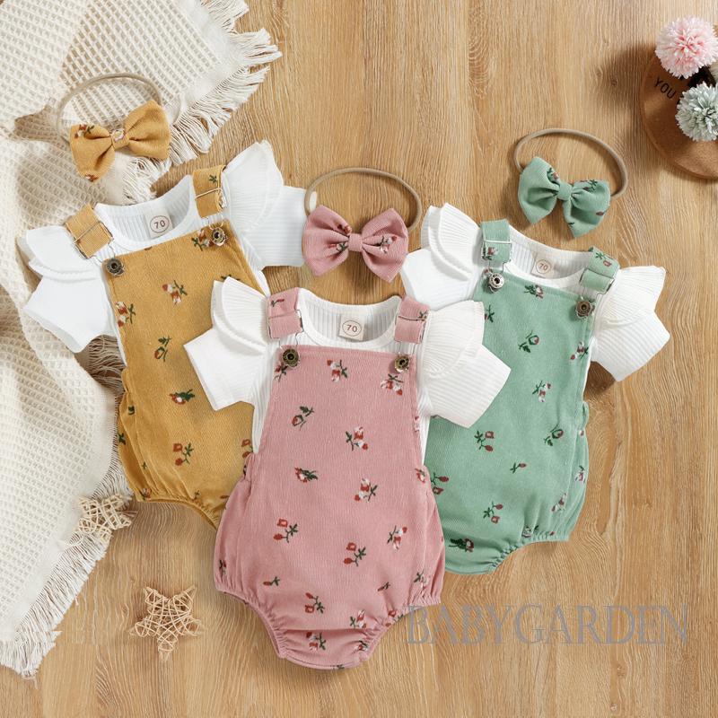 Bộ Áo Liền Quần Cổ Tròn Tay Cánh Tiên Màu Trơn + Băng Đô Hoa Dành Cho Bé Gái 0-18 Tháng Tuổi