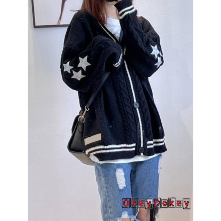 Áo Cardigan Tay Dài Cổ Chữ V Cài Nút In Họa Tiết Ngôi Sao Cổ Điển Dành Cho Nữ