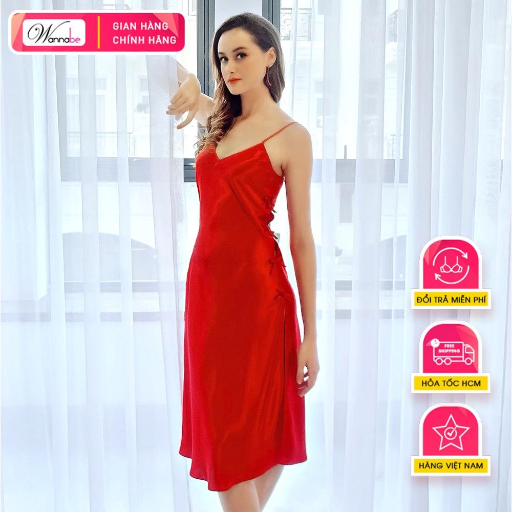 Đầm ngủ phi lụa cao cấp WANNABE DNS13 váy ngủ dáng dài xẻ tà đính nơ dọc sườn quý phái sang trọng