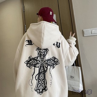 Áo nỉ bông chui đầu dáng rộng, có mũ áo hoodie in hình chữ thập hai mặt thích hợp cho cả nam và nữ