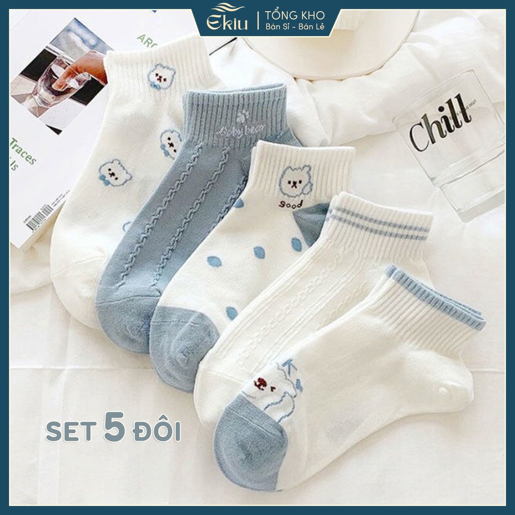 Tất vớ nữ cổ ngắn chất liệu cotton co giãn 4 chiều, set 5 đôi dễ phối đồ - Ekiu Shop