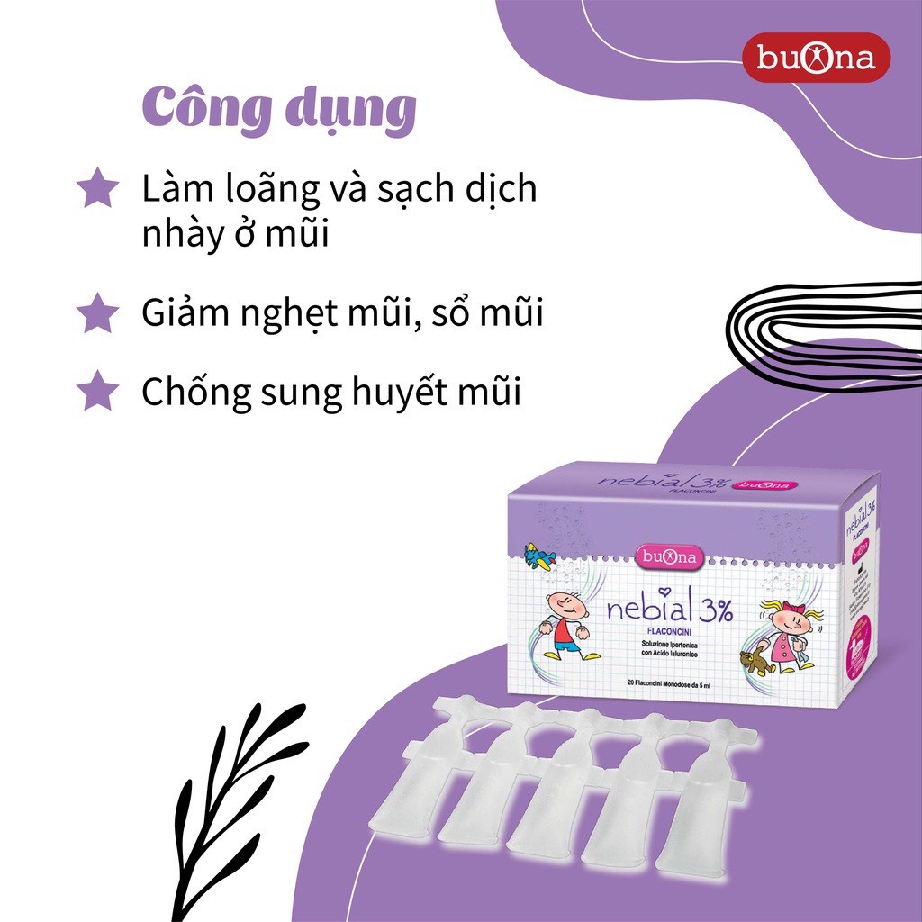 Buona Nebial/Nebianax 3%Flaconcini,Dung Dịch Nhỏ Mũi Giảm Sổ Mũi,Nghẹt Mũi - Hộp 20 Ống Đơn Liều 5ml