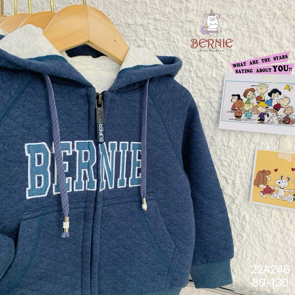Áo khoác nỉ trần trám unisex cho bé trai bé gái, áo khoác giữ ấm cho bé hàng Bernie