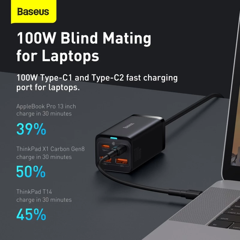Baseus 100W 65W GaN3 Sạc 2U + 2C Máy Tính Để Bàn Laptop Sạc Nhanh 4 Trong 1 Adapter Cho iPhone 14 13