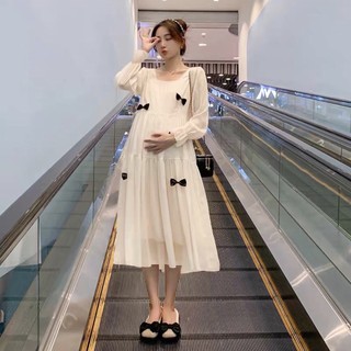 Váy bầu dự tiệc dáng babydoll Viba  [VB79] thiết kế cổ vuông tay bồng 2 kiểu dài tay ngắn tay màu kem