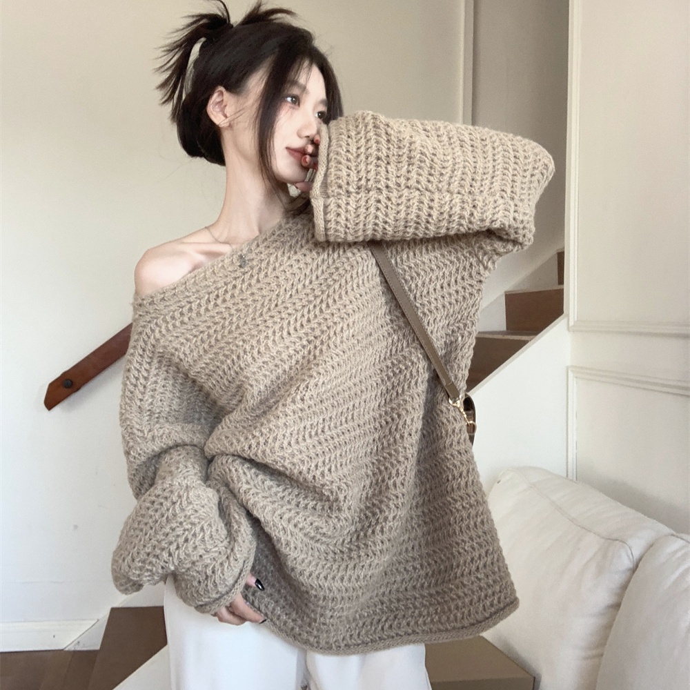Áo Len Dệt Kim Dài Tay Trễ Vai Phong Cách Pháp