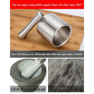 Cối chày Inox 304 cao cấp chống nấm mốc, có nắp đậy