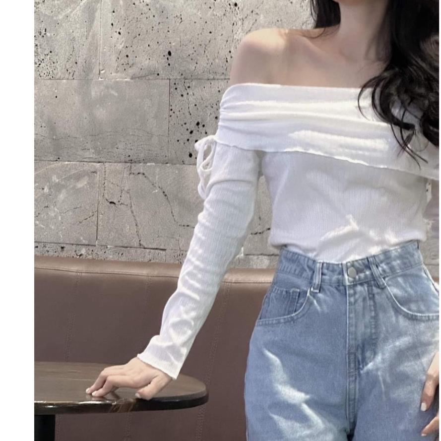 Áo trễ vai len tăm tay dài kiểu rút dây một bên vai khoe xương quai xanh có xẻ tà điệu đà - AO0160