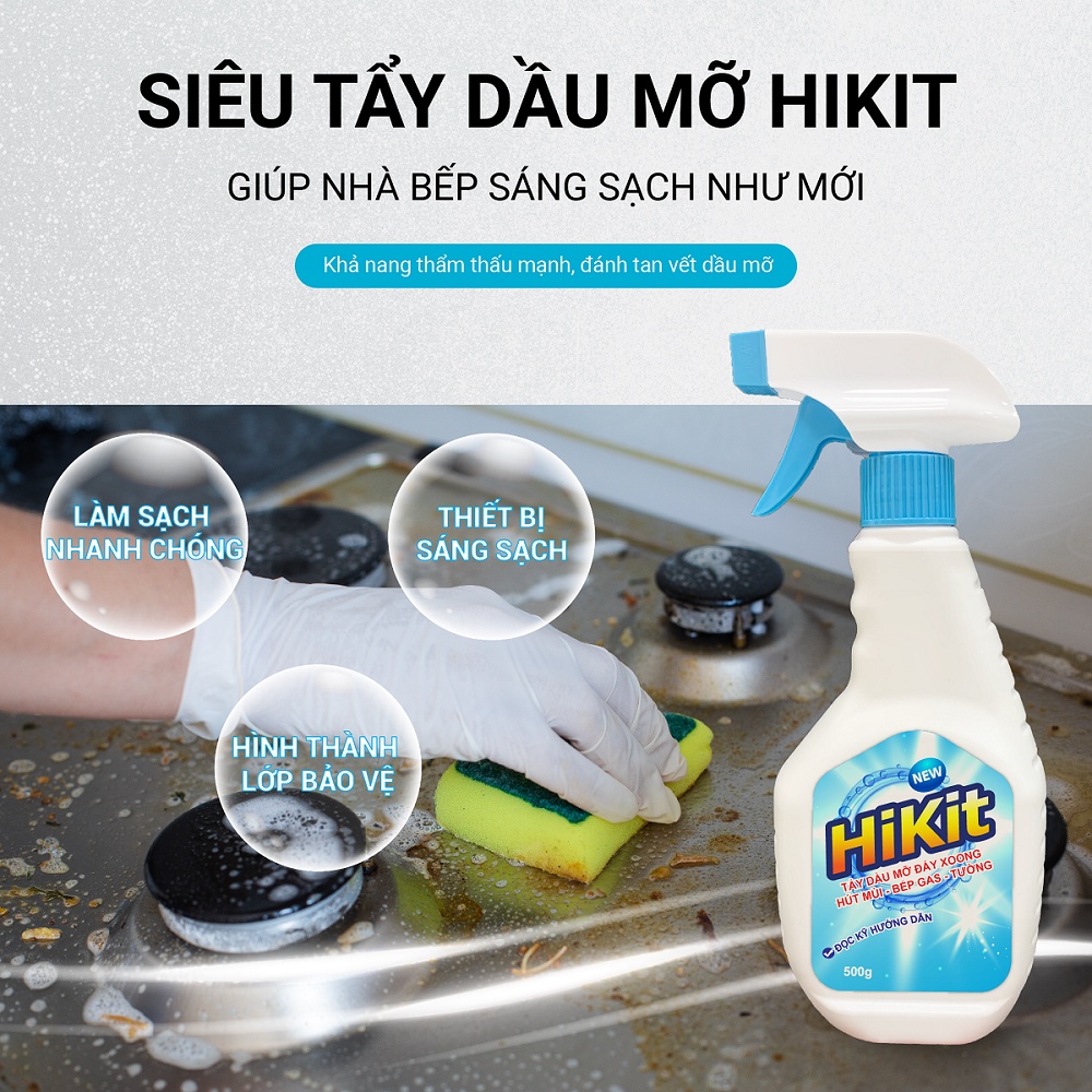 Tẩy dầu mỡ nhà bếp, hút mùi, bếp gas, bếp từ, đáy xoong, đáy chảo HiKit