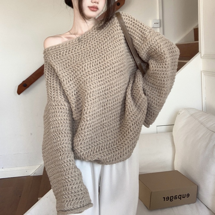 Áo Len Dệt Kim Dài Tay Trễ Vai Phong Cách Pháp