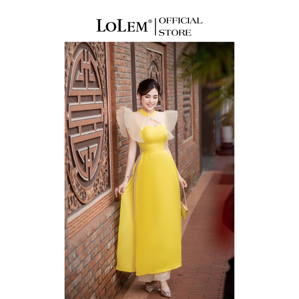 Áo dài cách tân cổ trụ LOLEM SQ056 khoét ngực vải trượt Hàn mix organza