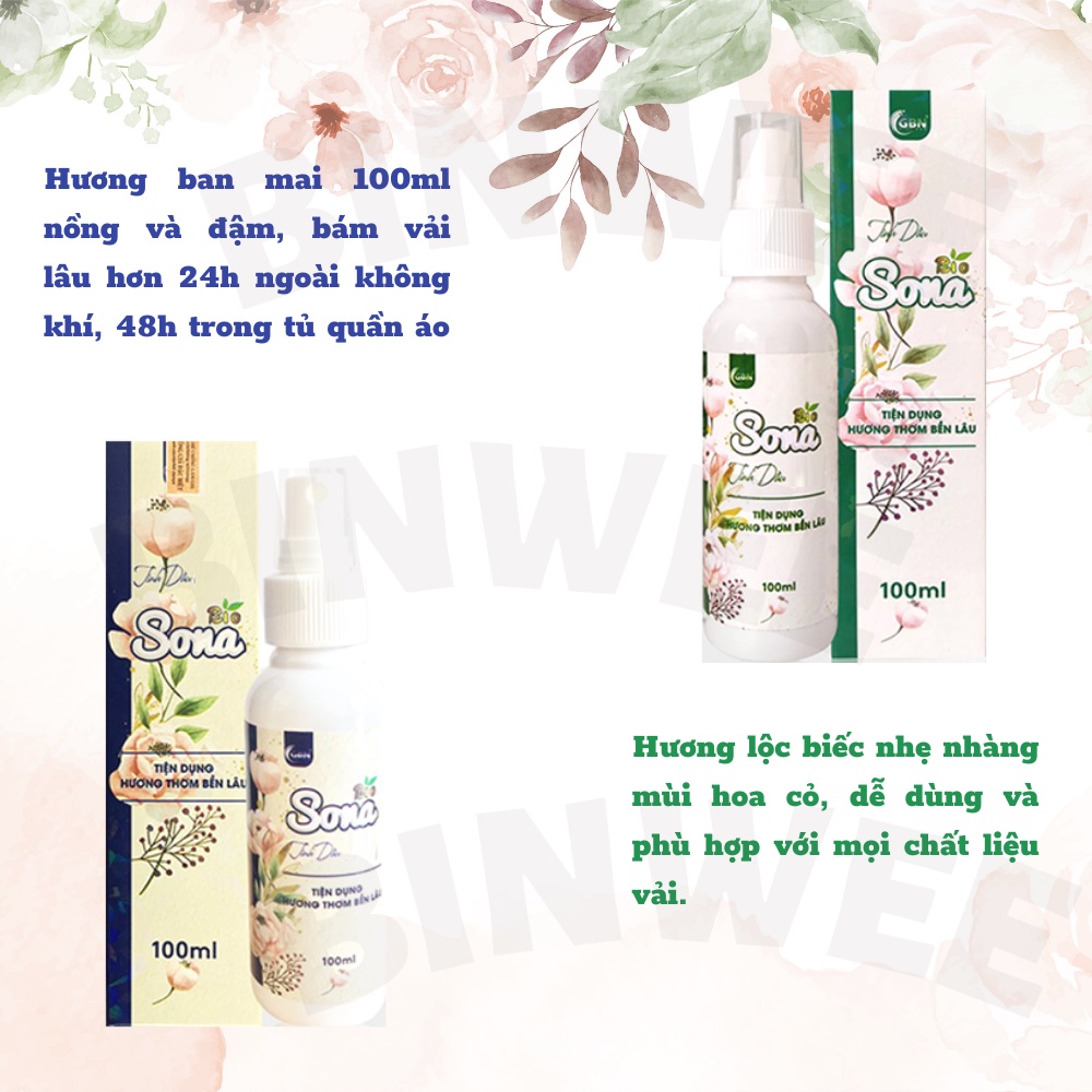 Xả vải khô tinh dầu xịt thơm quần áo SONA lưu hương 48h khử khuẩn 99.9%