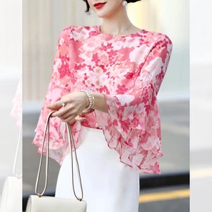 Áo Chiffon Nữ Cổ Tròn Tay Lá Sen Áo sơ mi cộc tay Áo hồng cánh sen In Họa Tiết Màu Hồng Thời Trang Cho Nữ