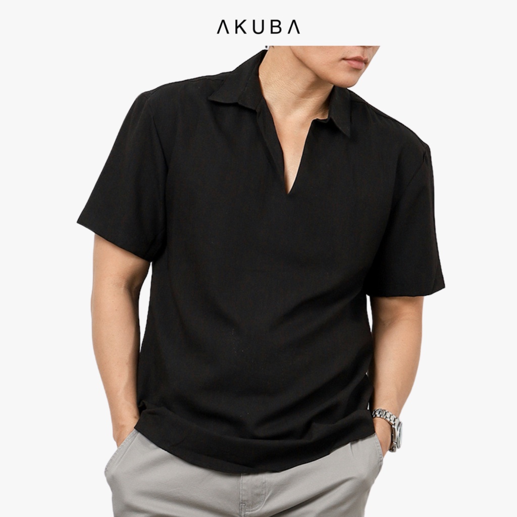 Áo linen nam có cổ tay ngắn trơn AKUBA form regular, vải linen nhẹ, thấm hút cực tốt, thân thiện môi trường 02B0289