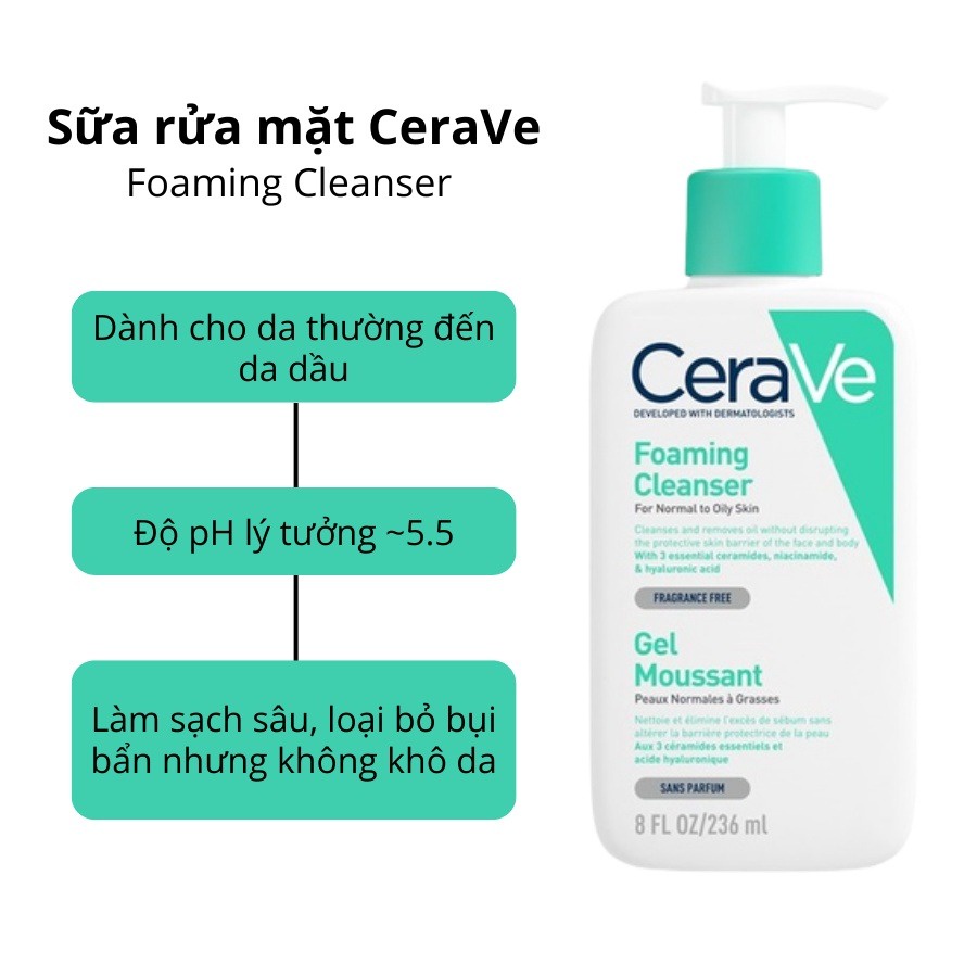 Ảnh Sữa rửa mặt CeraVe Foaming, Hydrating, SA Smoothing Cleanser cho da dầu, khô, nhạy cảm 88ML/236ML/473ML - ajaskinlab 3