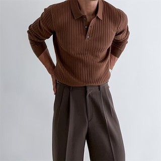 Anh Phong Cách Retro Hố Sọc Ve Áo Len Nam Thu Đông Hàn Quốc Ruya Thanh Niên Slim-fit Dài Tay Áo Polo Nhẹ Phong Cách Trưởng Thành Áo Sơ Mi Polo