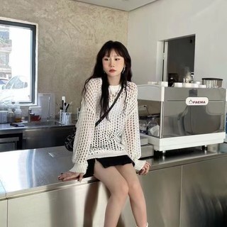 Áo Dệt Kim Nữ Tay Dài Dáng Rộng Cổ Tròn Khoét Sâu Gợi Cảm