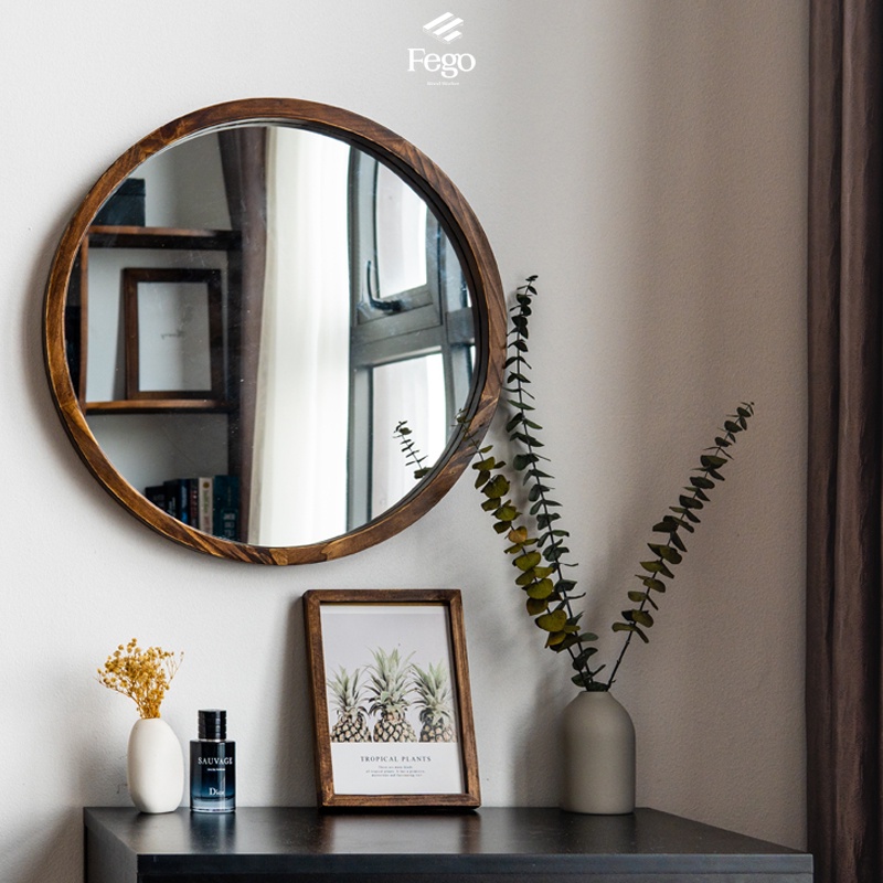 Gương tròn treo tường FEGO viền gỗ tự nhiên để decor phòng tắm và bàn trang điểm