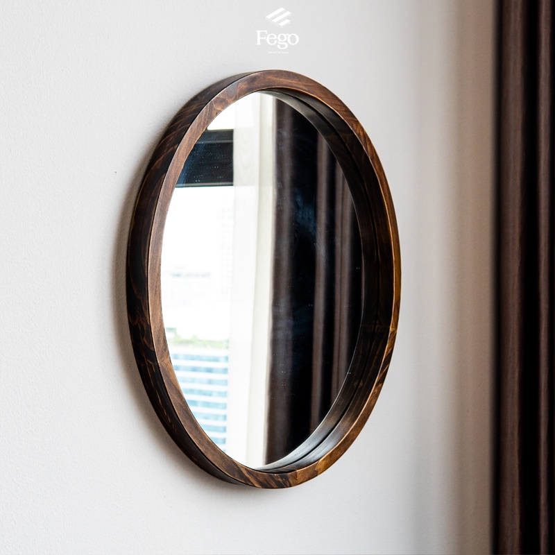 Ảnh Gương tròn treo tường viền gỗ tự nhiên FEGO dành cho bàn trang điểm, decor phòng tắm và phòng ngủ 2