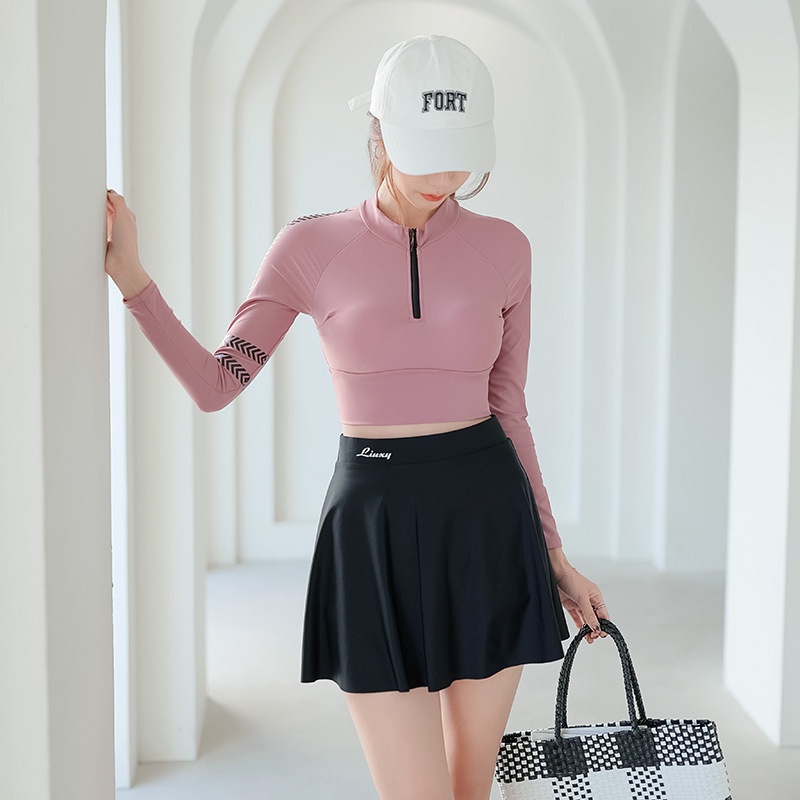 Bikini đi biển LUHAZO 2 mảnh kín đáo dài tay dạng váy kiểu dáng Hàn Quốc khóa kéo chất vải co giãn cực đẹp 2332 D5T2 spe