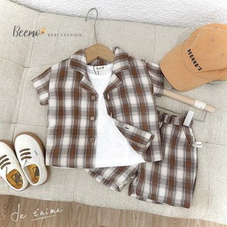 Bộ sơ mi cộc tay kẻ caro cho bé trai, set bộ thô mềm cá tính cho bé trai