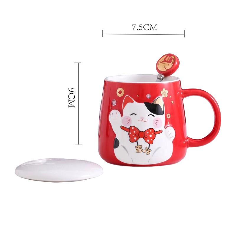 Cốc Sứ Uống Nước Mèo Thần Tài Chiêu May Mắn - Ly Uống Cafe Có Nắp , Văn Phòng, Quà Tặng Tân Gia