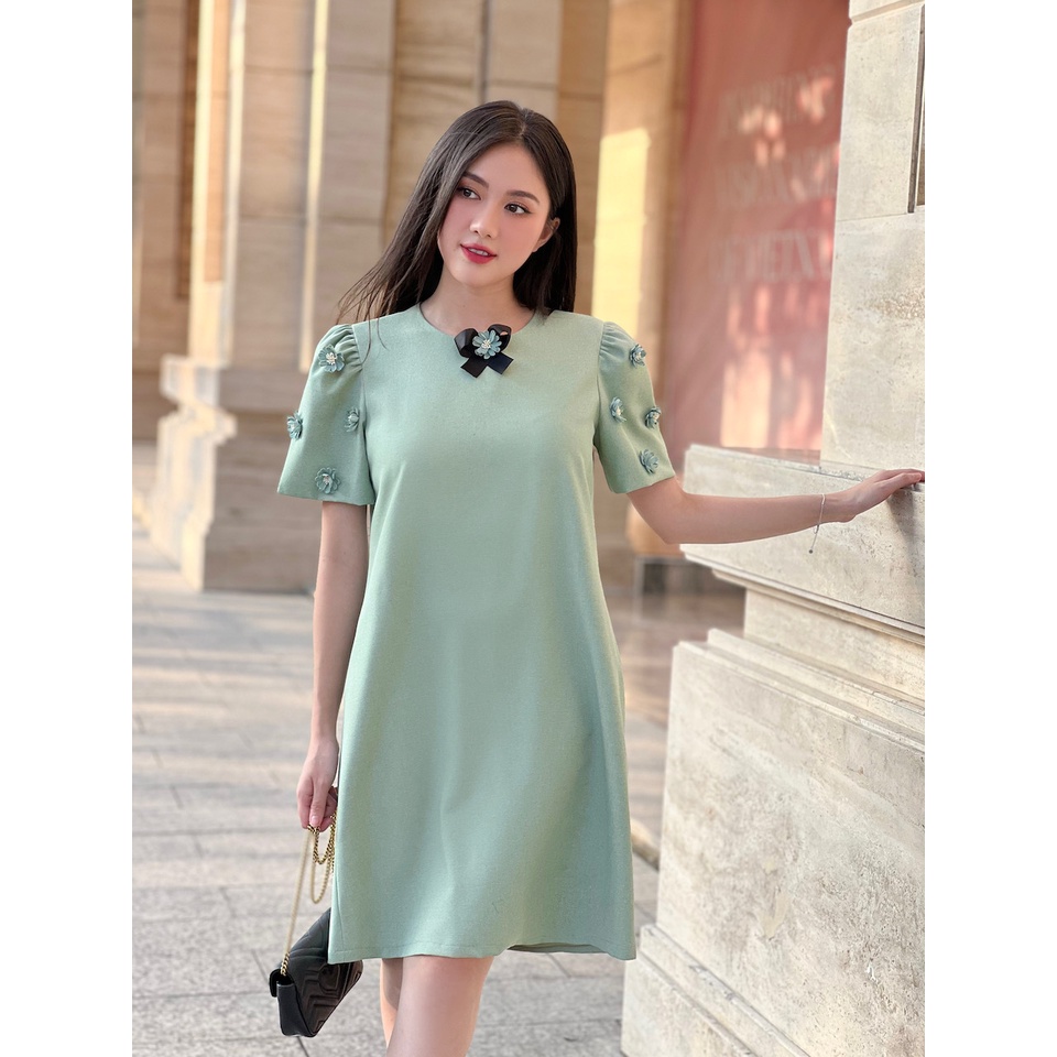 RẬP – Đầm Xanh Tay Phồng Nơ Cổ Có Đính Hoa – TWINS 04 MINT