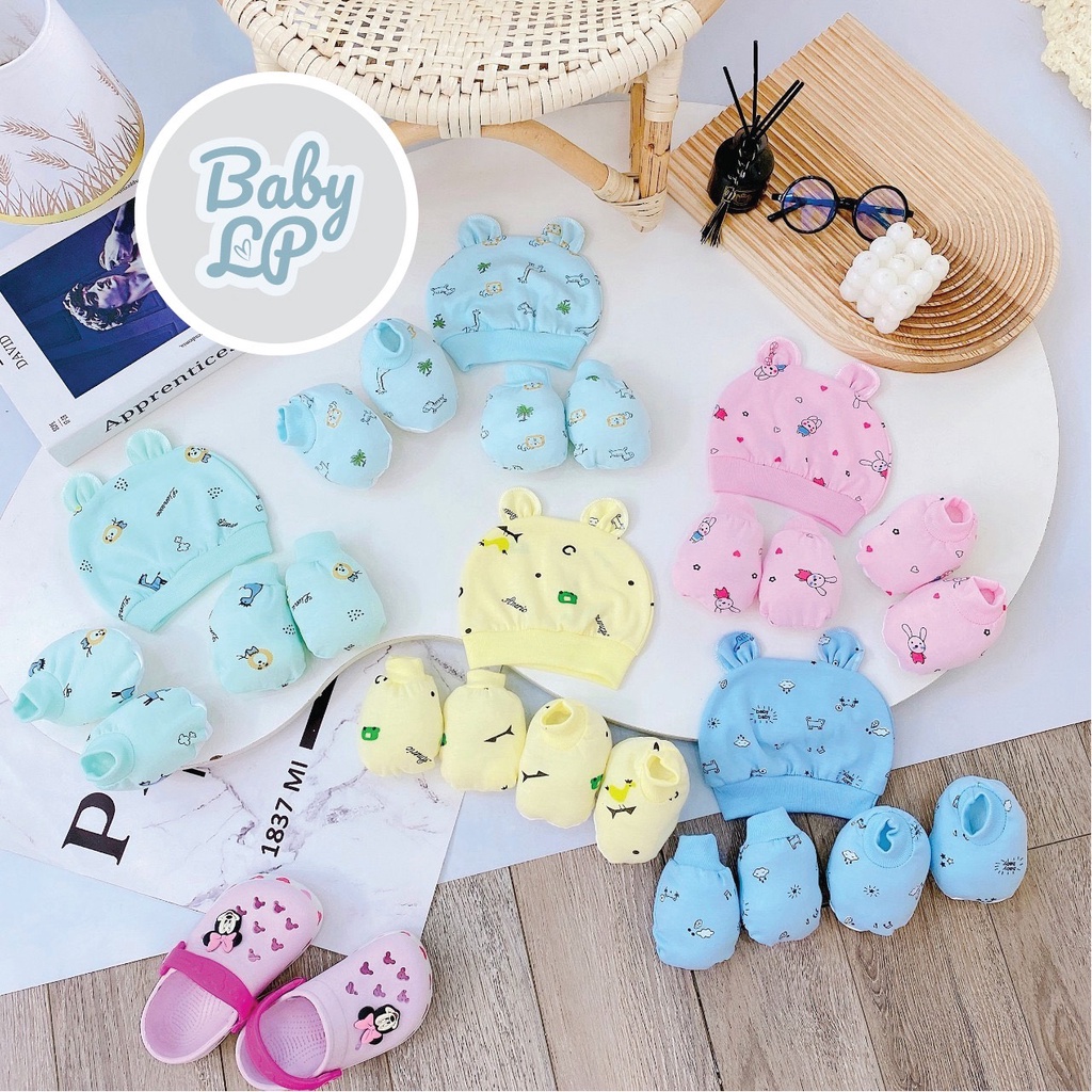 Sét mũ kèm bao tay bao chân HỌA TIẾT 5 MÓN chất cực đẹp đáng yêu cho bé SM03