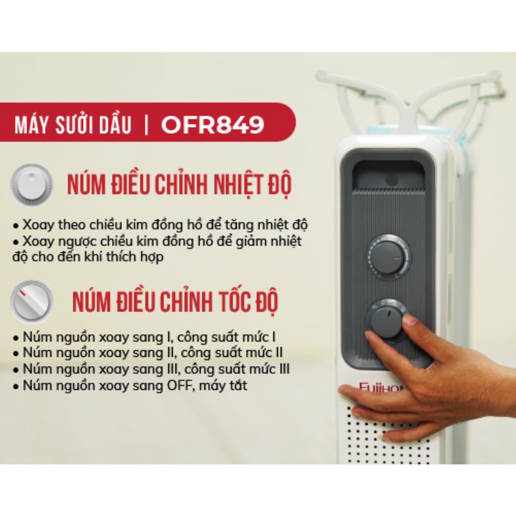 Máy sưởi dầu FujiHome, Máy sưởi ấm không đốt oxi, không khô da, bảo vệ chống quá nhiệt, tiết kiệm điện