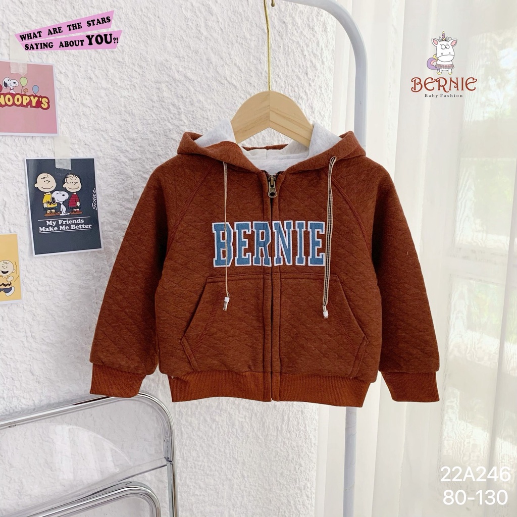 Áo khoác nỉ trần trám unisex cho bé trai bé gái, áo khoác giữ ấm cho bé hàng Bernie