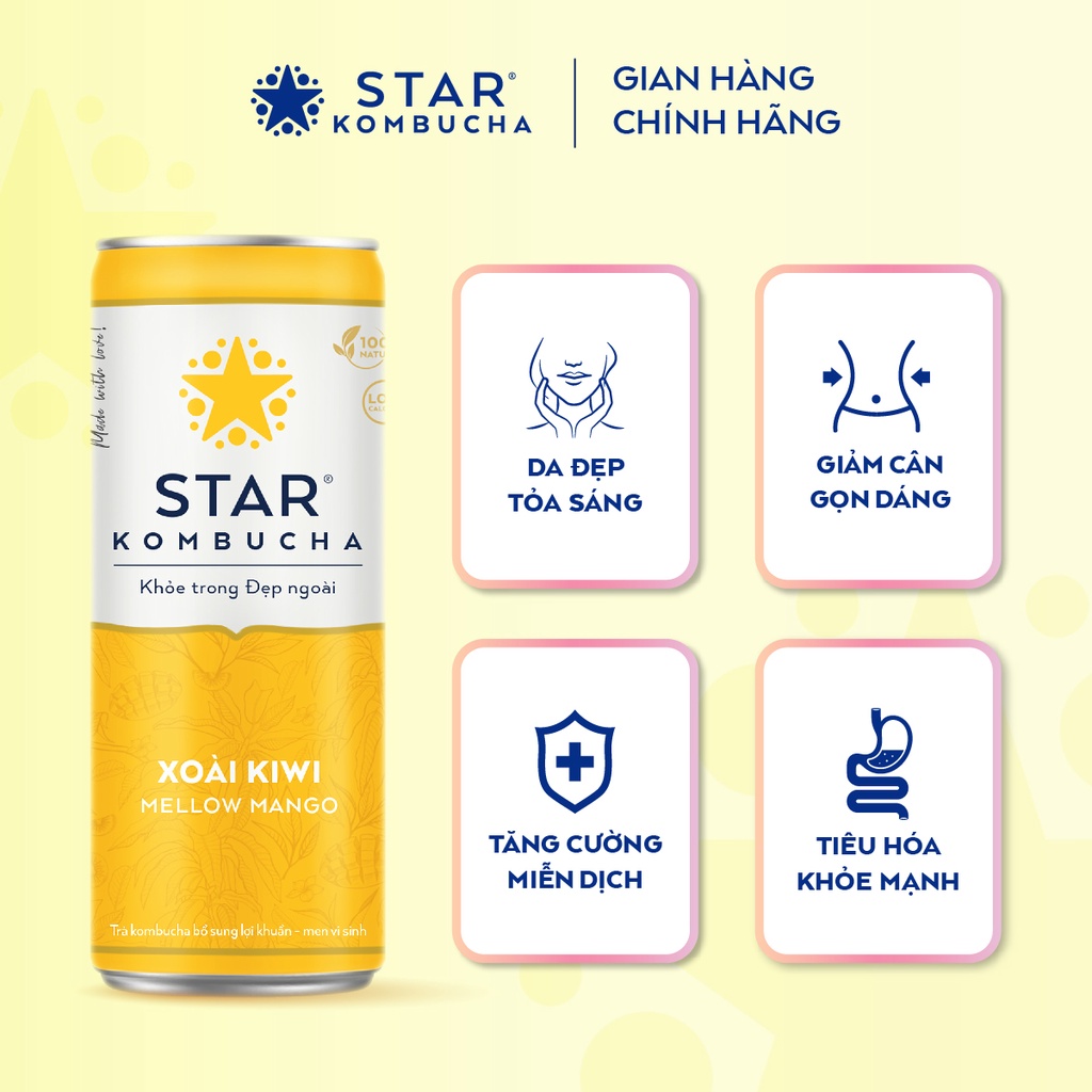 Ảnh Thùng 12 lon STAR KOMBUCHA Xoài Kiwi / Mellow Mango (250ml/lon) -Trà lên men vi sinh hỗ trợ tiêu hóa 1