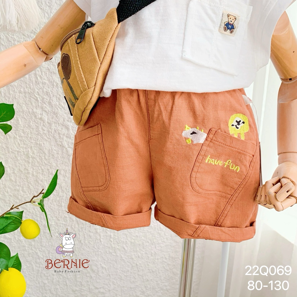 Quần linen đùi bé trai thêu hoạ tiết, quần sóc đùi ngắn cho bé trai mềm mát Bernie