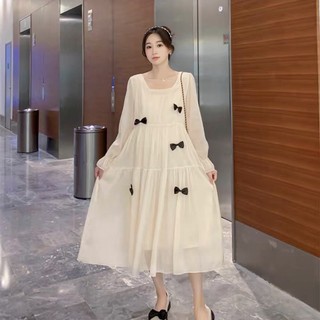Váy bầu dự tiệc dáng babydoll Viba  [VB79] thiết kế cổ vuông tay bồng 2 kiểu dài tay ngắn tay màu kem