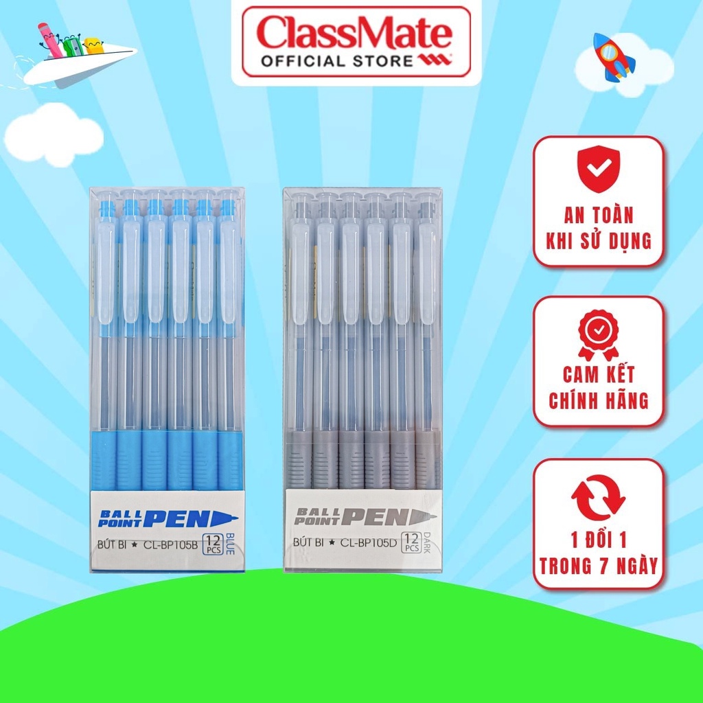 Hộp 12 Chiếc Bút Bi CLASSMATE Nét Bút 0.5mm Thanh, Mịn, Màu Mực Đều Và Đậm CL-BP105