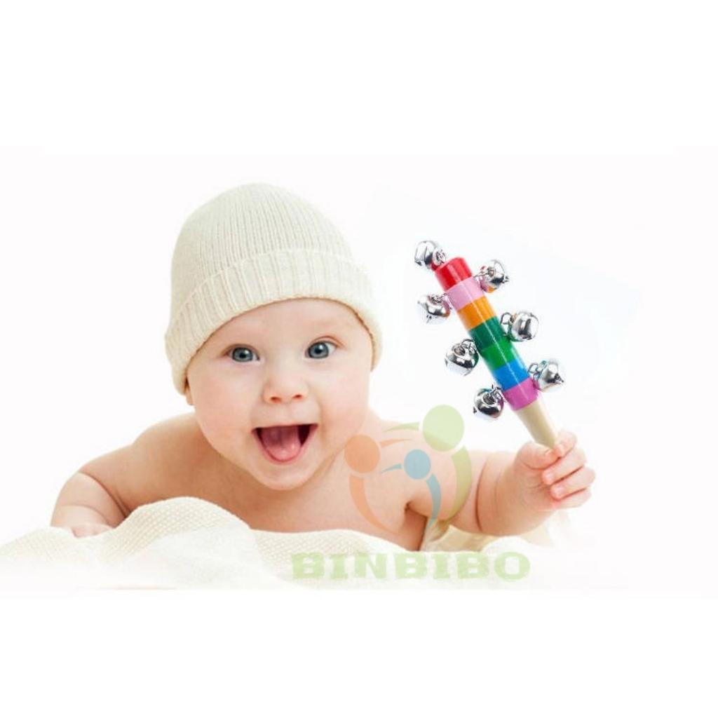 Đồ chơi xúc xắc lục lạc cán gỗ cầm tay bảy sắc cầu vồng cho bé - Binbibo