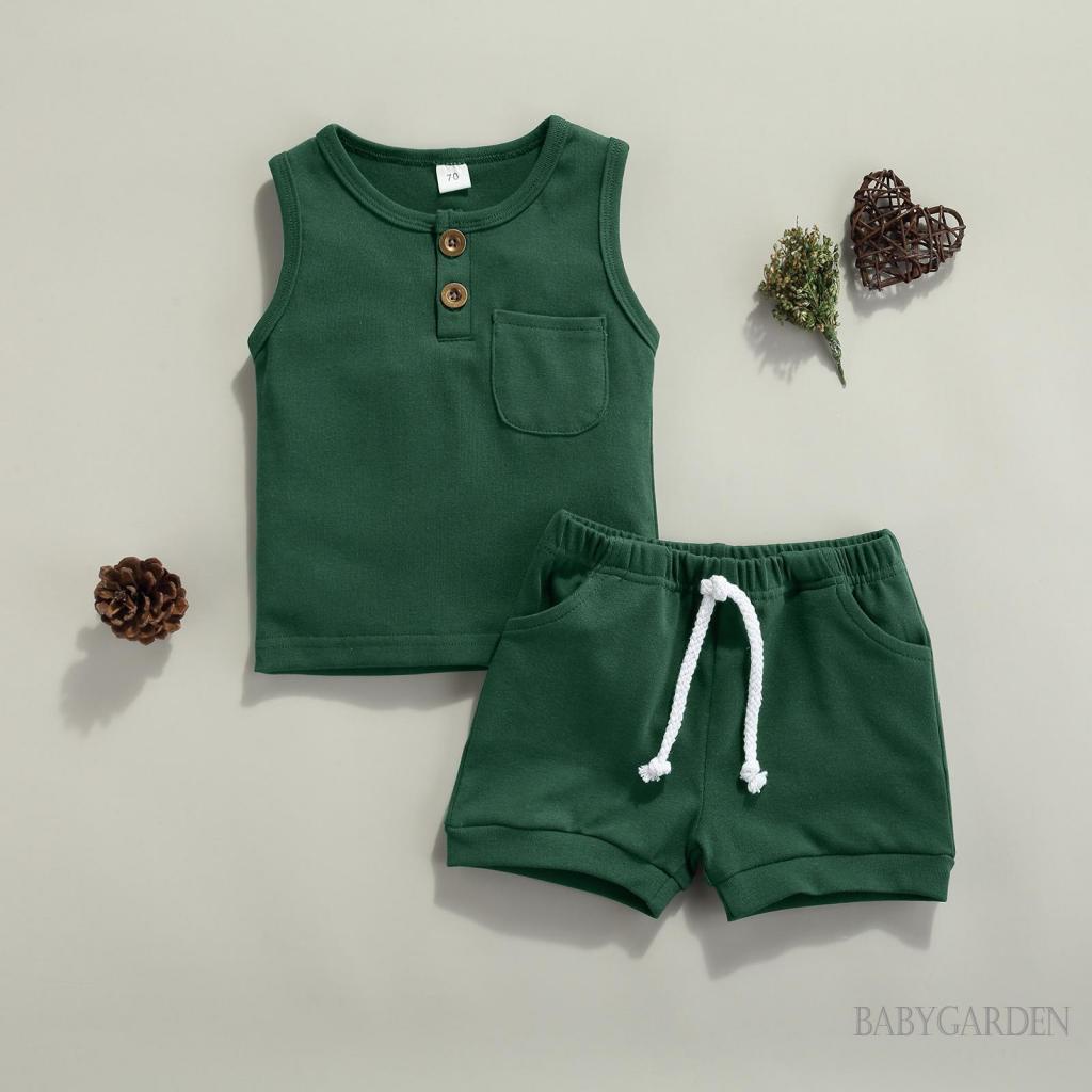Bộ Áo Ba Lỗ Cổ Tròn Màu Trơn Phối Quần Short Dây Rút Thời Trang Cho Bé Trai 0-3 Tuổi