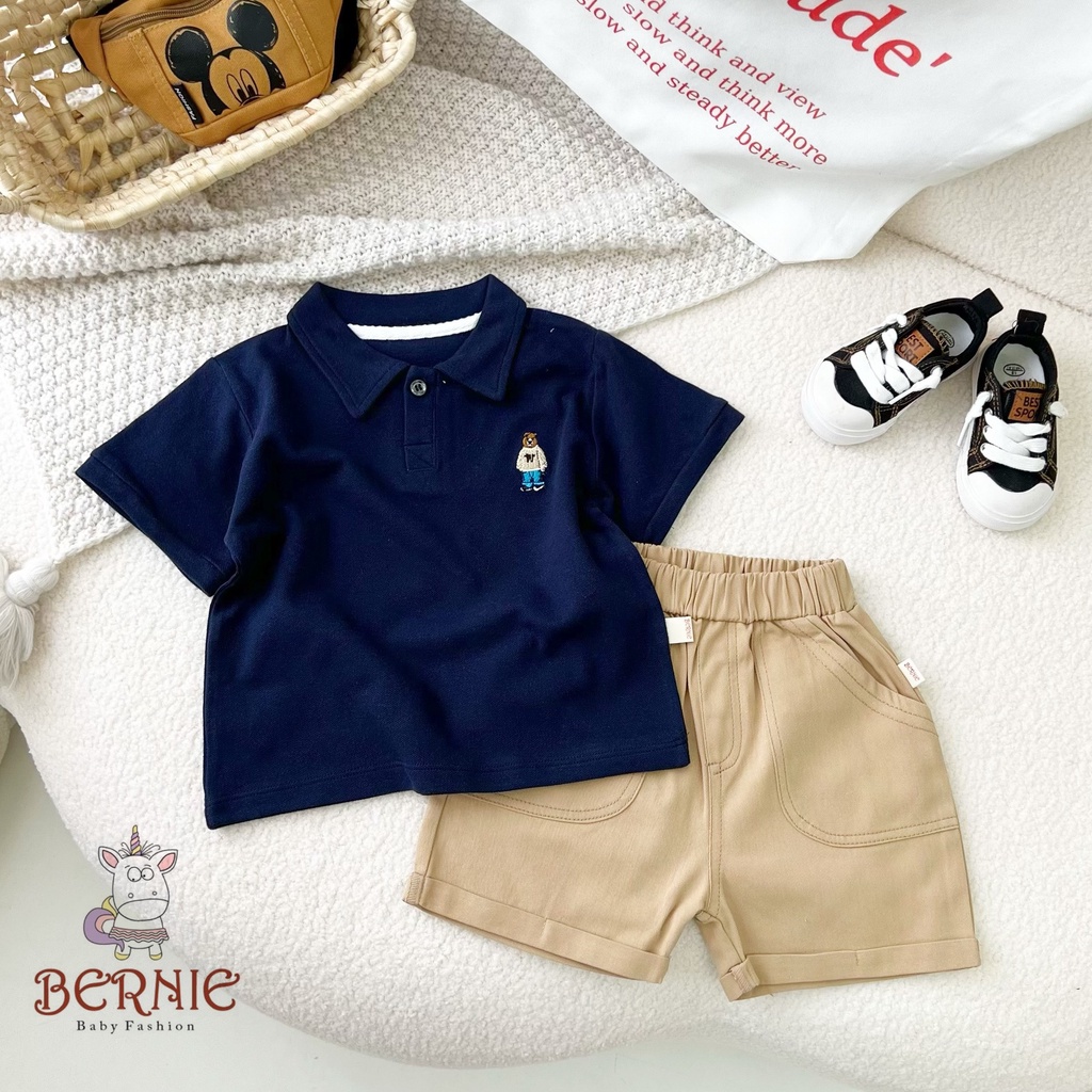 Bộ polo có cổ cho bé trai kèm quần kaki, set bé trai thêu gấu hàng thiết đẹp